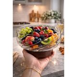 Borosilikat Cam Lüks Akasya Kapaklı ve Akasya Ayaklı Cam Kase - Sunumluk-Salata Kasesi Dalgalı 20 cm - 0 - 19 L
