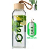Borosilikat Cam Matara, Bambu Kapaklı, H2O Su Şişesi, Sağlıklı ve Şık Tasarım - Seçenek 1 - Ahşap - Ceviz