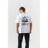 BORZ Erkek Beyaz İskambil Kağıdı Sırt Baskılı %100 Pamuk Oversize Kalıp Bisiklet Yaka T-shirt