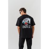 BORZ Erkek Siyah İskambil Kağıdı Sırt Baskılı %100 Pamuk Oversize Kalıp Bisiklet Yaka T-shirt