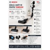 Bosch 18V Turbospin Motor, 40 Dakikaya Kadar Çalışma Süresi, Çıkarılabilir 3.0AH Batarya, Katlanabilir Boru Teknolojisi, El Süpürgesi Fonksiyonu, 10 Yıl Motor Garantisi - Siyah
