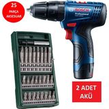 Bosch Darbeli Matkap 2 Akülü Vidalama + 25 Parça Aksesuar Seti Mavi Anahtarsız Mandren