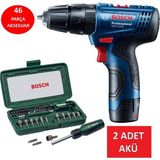 Bosch Darbeli Matkap 46 Parça Aksesuar Seti ile Çift Akülü Şarjlı Vidalama 10 mm Mandren