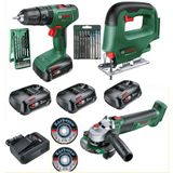 Bosch Easyımpact 18V-40 Akülü Vidalama, Easysaw 18V Şarjlı Dekupaj Testeresi ve Universalgrind 18V-75 115 mm Taşlama Üçlü Set 3 adet 2.5 amper batarya