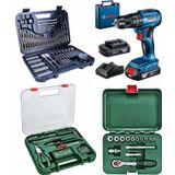 Bosch Gsb 185-LI Darbeli Kömürsüz Çift Batarya ,144 Parça Aksesuar Lokma ve El Aleti Setleri Hediye