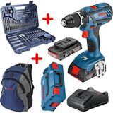 Bosch GSR 18V-28 Çift Akülü Vidalama 2 x 2.0 Ah L-Boxx Sırt Çantası ve 103 Parça Uç Seti ile