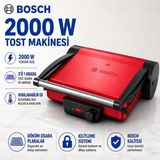 Bosch Günlük Kahvaltı ve Izgara Tarifleri Için 2000 W Tost Makinesi, Çift Taraflı Pişirme, Çıkarılabilir Plaka ve Canlı Kırmızı Mutfak Tasarımı ve Günlük Mutfak Kullanımına Uygun Pratik Çözüm