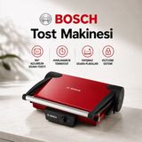 Bosch Günlük Kahvaltılar Için Kırmızı Tost ve Izgara Makinesi, Döküm Plaka Yapısı, Çıkarılabilir Yüzey ve Hızlı Isınan Güçlü Kullanım Avantajı ve Günlük Mutfak Kullanımına Uygun Pratik Çözüm