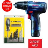 Bosch Matkap Darbesiz Çift Akülü Şarjlı Matkap Akülü Vidalama + 27 Parça Matkap Ucu Vidalama Ucu
