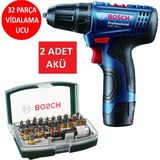 Bosch Matkap Darbesiz Çift Akülü Şarjlı Matkap Akülü Vidalama + 32 Vidalama Ucu Seti