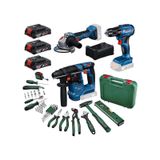 Bosch Professional GBH 18V-18 + GSR 185-LI + GWS 18V-8 + 3x18V 2.0Ah Akülü Set + Bosch Gelişmiş El Aleti Seti 52 Parça (Kombo Usta Seti)