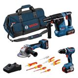 Bosch Professional GSB 18V-65 Akülü Darbeli Vidalama & GWS 18V-11 Akülü Taşlama & 187-LI Akülü Kırıcı Delici & VDE Tornavida Pense Seti & 3x 5.0 Ah Akü & GAL 18V-40 Şarj Cihazı & L-BAG, Karton Kutuda