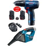 Bosch Şarjlı Matkap Darbeli Matkap Çift Akülü Vidalama + Bosch Gas 12V Şarjlı Süpürge