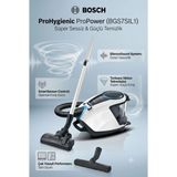 Bosch Serie 8 Prosilence 800 W Toz Torbasız Elektrikli Süpürge - 64 Db Ultra Sessiz Çalışma, 5 L Ekstra Geniş Hazne, H13 Filtre, 8 M Kablo, Beyaz Tasarım