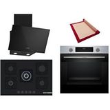 Bosch Siyah 3 Lü Ankastre Set 386 ( HUA717BR0T - PNQ7B6P30O - DWK63PJ60T(61T) ) 75CM Wok Bek Ocak - Buhar Destekli - Pişirme Matı ile