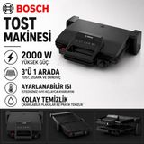 Bosch Siyah Renkli 2000 W Tost ve Izgara Makinesi, Geniş Pişirme Alanı, Ayarlanabilir Isı Seviyesi ve Kolay Temizlenen Plaka Yapısıyla Pratik Kullanım ve Günlük Mutfak Kullanımına Uygun Pratik Çözüm