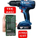 Bosch Tek Akülü Darbeli Matkap 18V 2 Ah Li-on Akülü Vidalama 15 Parça Uç Seti ile Güçlü Performans