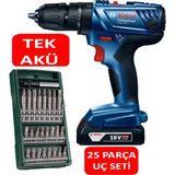 Bosch Tek Akülü Darbeli Matkap 18V Akülü Vidalama Şarjlı Matkap + 25 Parça Vidalama Ucu Seti