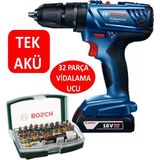 Bosch Tek Akülü Şarjlı Matkap Darbeli Matkap 18v Akülü Vidalama + Bosch 32 Parça Vidalama Ucu Seti 1