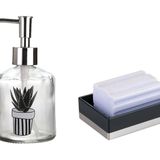 Bosphorus Homi BANYO SETİ,BİTKİ DESENLİ CAM SIVI SABUNLUK VE AKRİLİK SİYAH SABUNLUK