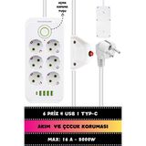 Boss And Muse 1.5 Metre Akım Korumalı 6'lı Çoklu Priz, 4 x USB + 1 x Type-C Kablo Altılı Grup Priz