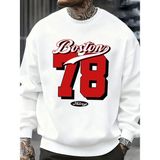 Boston Numarası 78 Baskılı Erkek Kazak Rahat Hip Hop Kazaklar Vintage Büyük Boy Bisiklet Yaka - Beyaz - 4XL