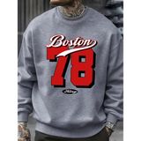 Boston Numarası 78 Baskılı Erkek Kazak Rahat Hip Hop Kazaklar Vintage Büyük Boy Bisiklet Yaka - Gri - 4XL
