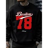 Boston Numarası 78 Baskılı Erkek Kazak Rahat Hip Hop Kazaklar Vintage Büyük Boy Bisiklet Yaka - Siyah