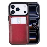 Bouletta, Apple iPhone 17 Pro için, Hakiki Deri, El Yapımı Kartlıklı Kılıf, İç Yüzeyi Kadife, Gölgeli Kırmızı