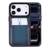 Bouletta, Apple iPhone 17 Pro için, Hakiki Deri, El Yapımı Kartlıklı Kılıf, İç Yüzeyi Kadife, Gölgeli Mavi