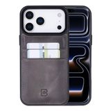 Bouletta, Apple iPhone 17 Pro Max için, Hakiki Deri, El Yapımı Kartlıklı Kılıf, İç Yüzeyi Kadife, Gölgeli Gri