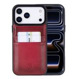 Bouletta, Apple iPhone 17 Pro Max için, Hakiki Deri, El Yapımı Kartlıklı Kılıf, İç Yüzeyi Kadife, Gölgeli Kırmızı