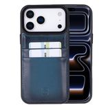 Bouletta, Apple iPhone 17 Pro Max için, Hakiki Deri, El Yapımı Kartlıklı Kılıf, İç Yüzeyi Kadife, Gölgeli Mavi