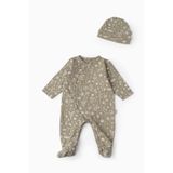 Boumini Bebek Patikli Tulum Şapka Set Bahar Çiçekli Haki - 3 - 6 Ay