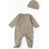 Boumini Bebek Patikli Tulum Şapka Set Bahar Çiçekli Haki - Prematüre