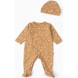 Boumini Bebek Patikli Tulum Şapka Set Bahar Çiçekli Hardal - 0 - 3 Ay