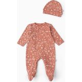 Boumini Bebek Patikli Tulum Şapka Set Bahar Çiçekli Kiremit - 6 - 9 Ay