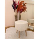 Bounteous Yuvarlak Kesim Ahşap Ayaklı Teddy Kumaş Dekoratif Puf Bench - 35x35 - Beyaz