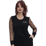 Boutique Bade Bisiklet Yaka Taş ve Tül Detaylı Uzun Kollu Bluz - Siyah - 2XL