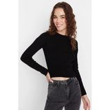 Boutique Bordo Kadın Bisiklet Yaka Crop Fitilli Triko Kazak - M - Siyah