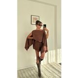 boutiquen 8017 KAHVE Omuz Detaylı Keten Look PLAJ Takım Şort+Bluz