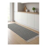Bovia Home Pamuklu Siyah Beyaz Geometrik Desenli Yolluk Kilim - Saçaklı Modern Mutfak Antre Halısı