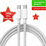 Bowie Type C-C, Örgü, Güçlendirilmiş, 60WATT Pd Hızlı Şarj & Data Kablosu, iPhone 15/16/17 Pro Max ve Android Için (100 Cm) - Beyaz