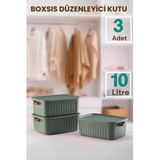 Boxsıs Yeşil 3 Adet 10 Lt Düzenleyici Kapaklı Kutu Storage Dekoratif Dolap Içi Organizer Saklama