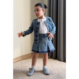 BoyBoy Kidswear Kız Çocuk Taş İşlemeli Denim Ceket ve Şort Etek 3'lü Takım Mavi - 5 - 6 Yaş - Kot Mavisi