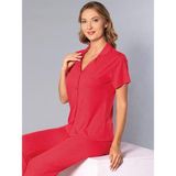 Boydan Düğmeli Kısa Kollu Gömlek Pijama Takımı - Yazlık Puan Desenli Yumuşak Milan Kumaş - Poppy 58-04 - Kırmızı - 2XL