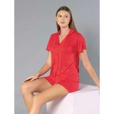 Boydan Düğmeli Kısa Kollu Şort Takım - Yazlık Puan Desenli Yumuşak Milan Kumaş - M, L, Xl, Xxl Poppy 56-04 - Kırmızı - 2XL