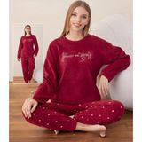 Boyraz Kadın Kışlık Bisiklet Yaka Soft Kadife Pijama Takımı 07012 - 1 Adet Kırmızı-XL
