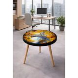 Boyut Modern Salon Sehpası – 42X42 cm Yuvarlak, Çiçek Desenli Üst Tabla, Ahşap Ayaklı - renkli