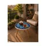 Boyut Özel Tasarım Mavi Kuş Desenli Dekoratif Yuvarlak Orta Sehpa | Ahşap Ayaklı 42 cm | Salon, Balkon ve Teras İçin Modern Sehpa